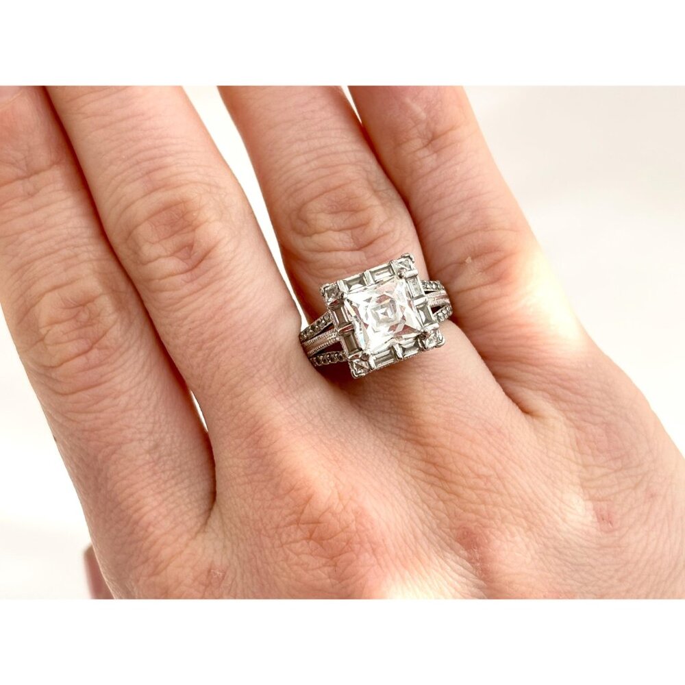 SOLD - Princess Cut Sterling Silver Gemstone Split Shank CZ Vintage Ring - 7.25 - Picture 6 of 10